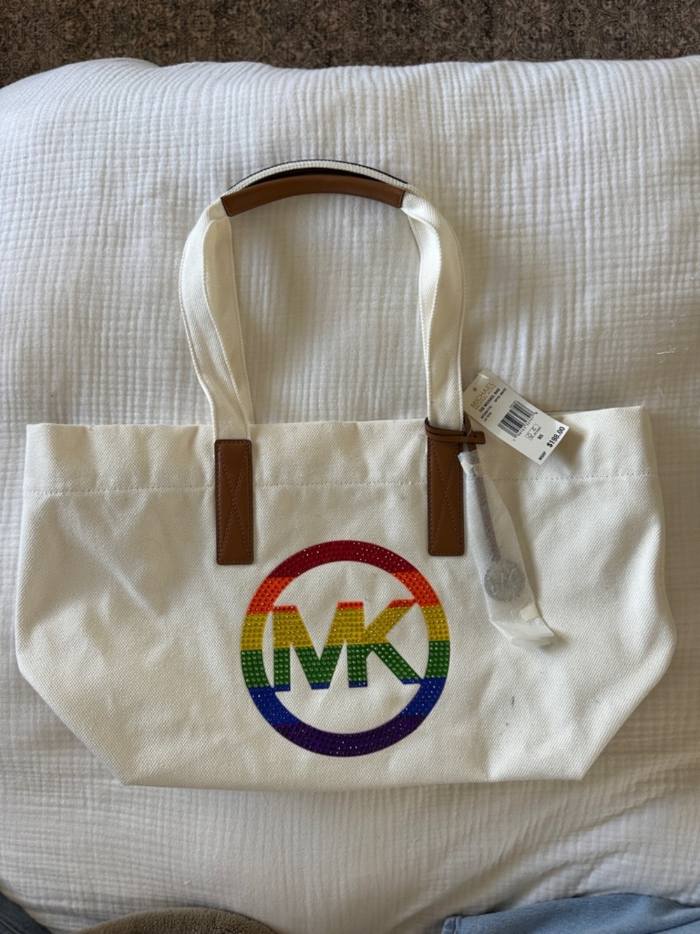Michael Kors White Canvas Tote with Rainbow MK Logo and Tan Trim